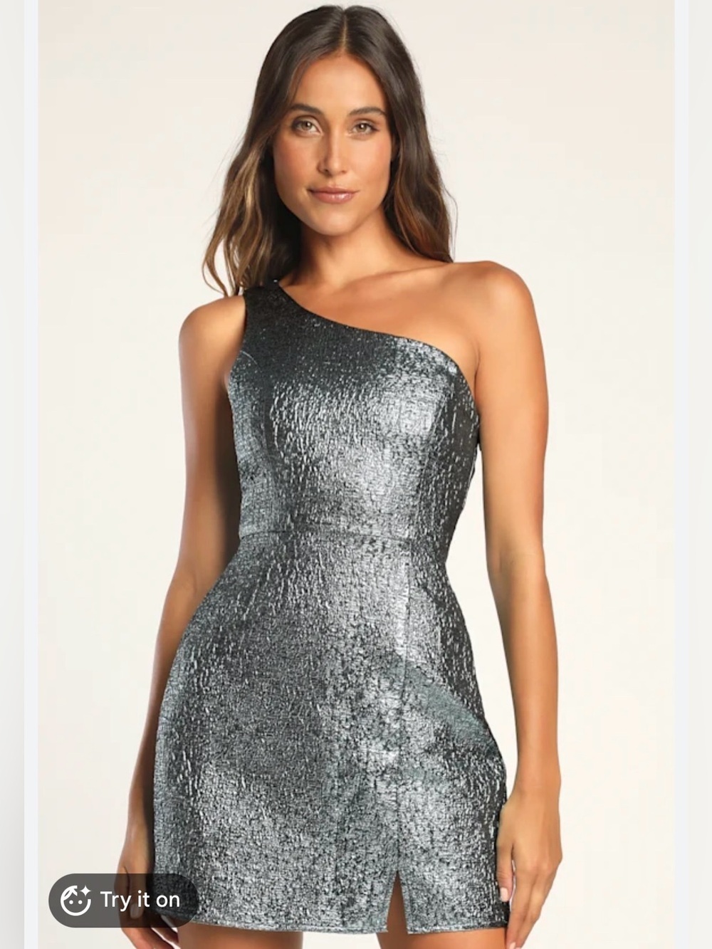 Modern Dream Teal Metallic Jacquard One-Shoulder Mini Party Dress - Picture 1 of 6